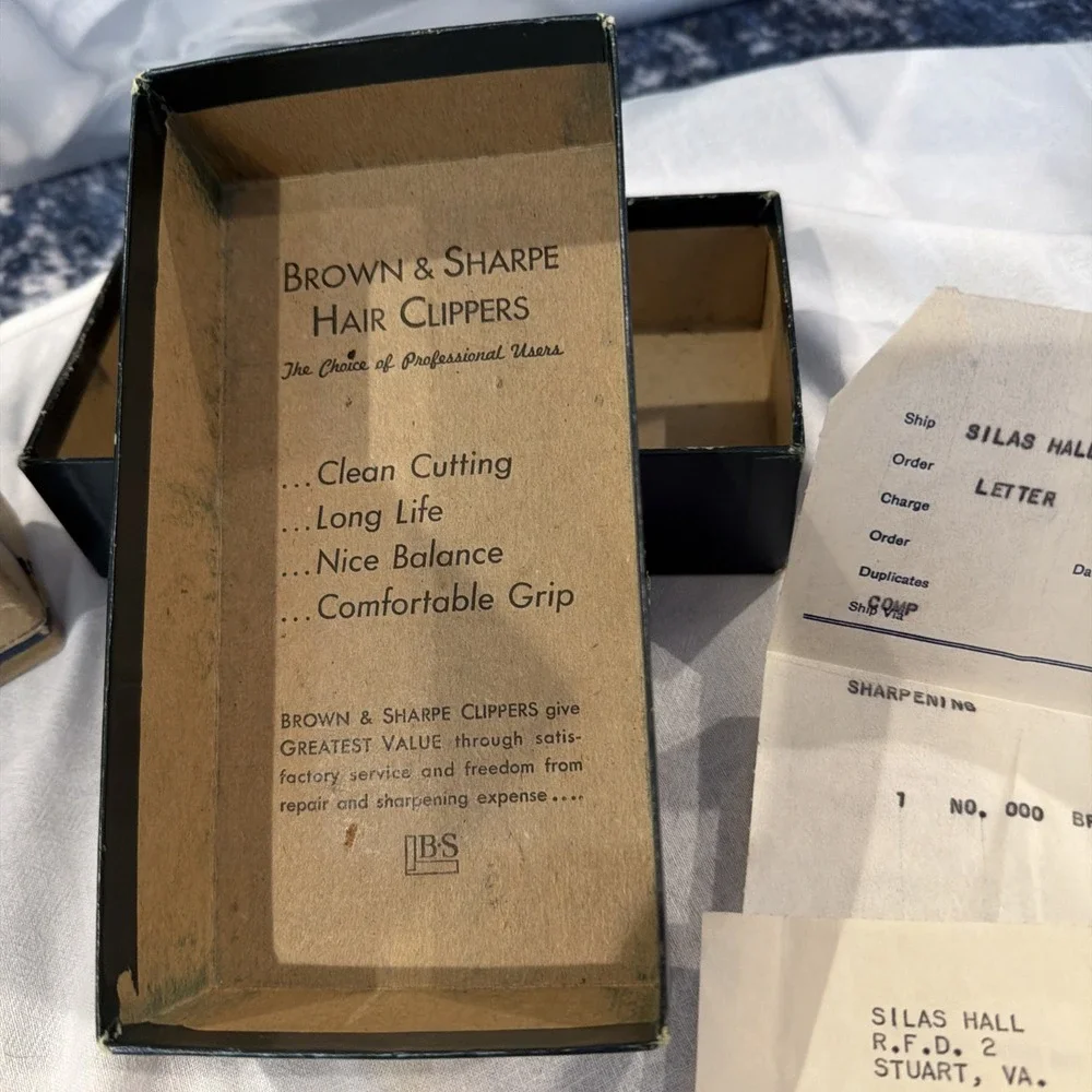 Vtg Brown & Sharpe Bressant Hair Clippers Orig Box Service Receipts Vtg Scissors